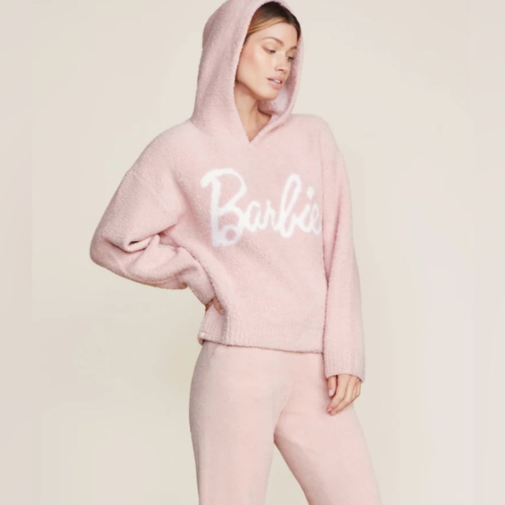 NWOT Barefoot Dreams Barbie Pink Fleece Hoodie size Large + Matching Scrunchie!